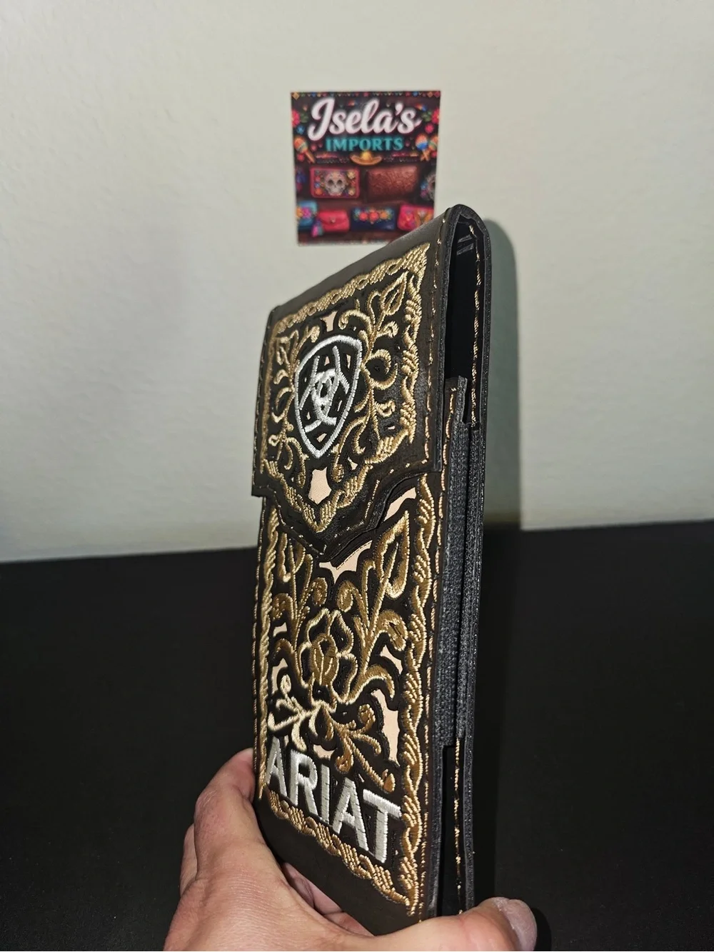 Brown Faux Leather Phone Case Keeper with Tan Embroidery